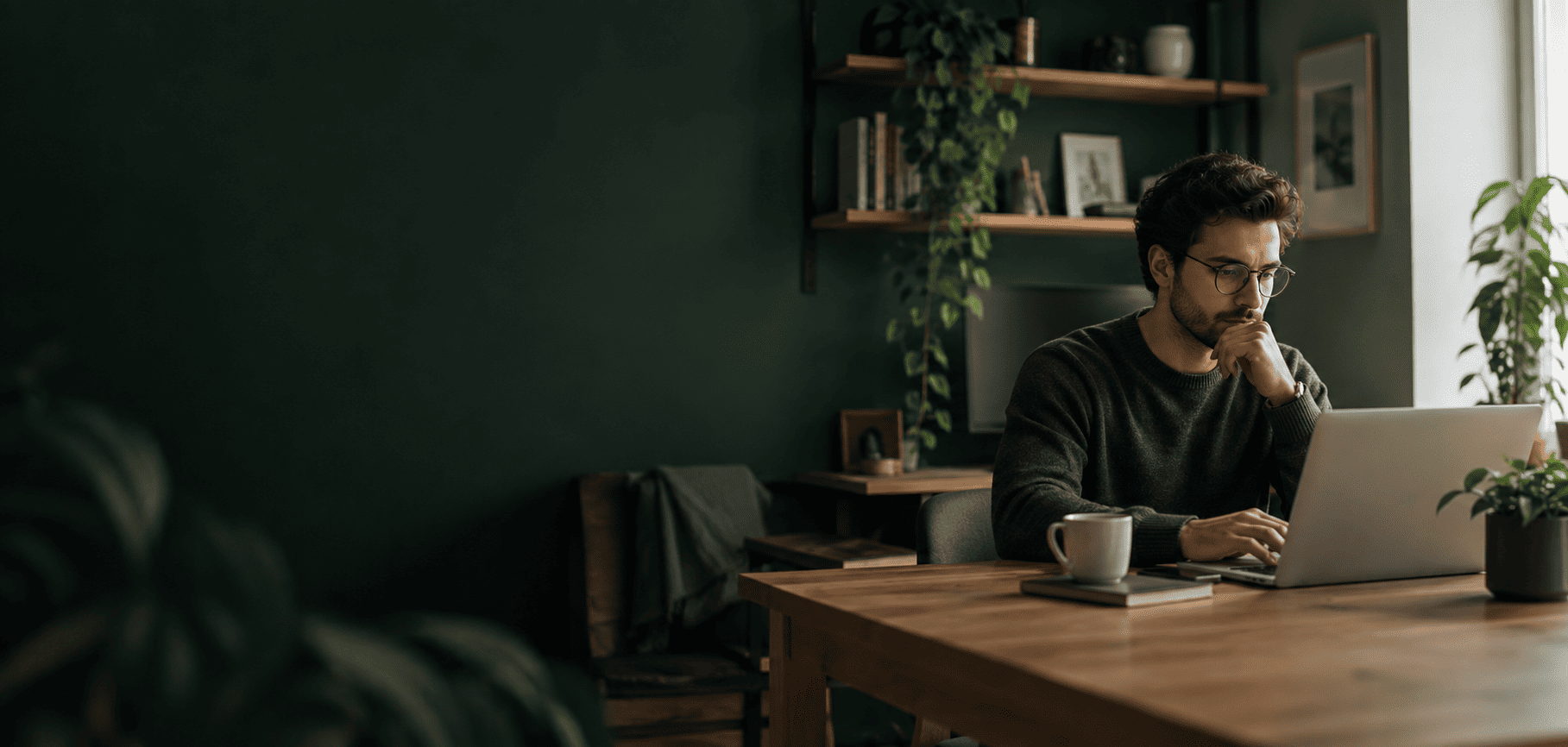 A designer working at a wooden desk in a dark green room, a laptop, mug and framed pictures around him, lit by soft window light.