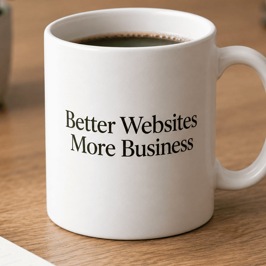 A matte white ceramic mug printed with the slogan “Better Websites More Business”, standing on a warm oak desk.