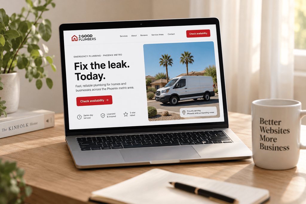 A laptop on a light oak desk showing a sample plumbing homepage: the service and city are named first, proof sits beside the claim, and one next step is explained.